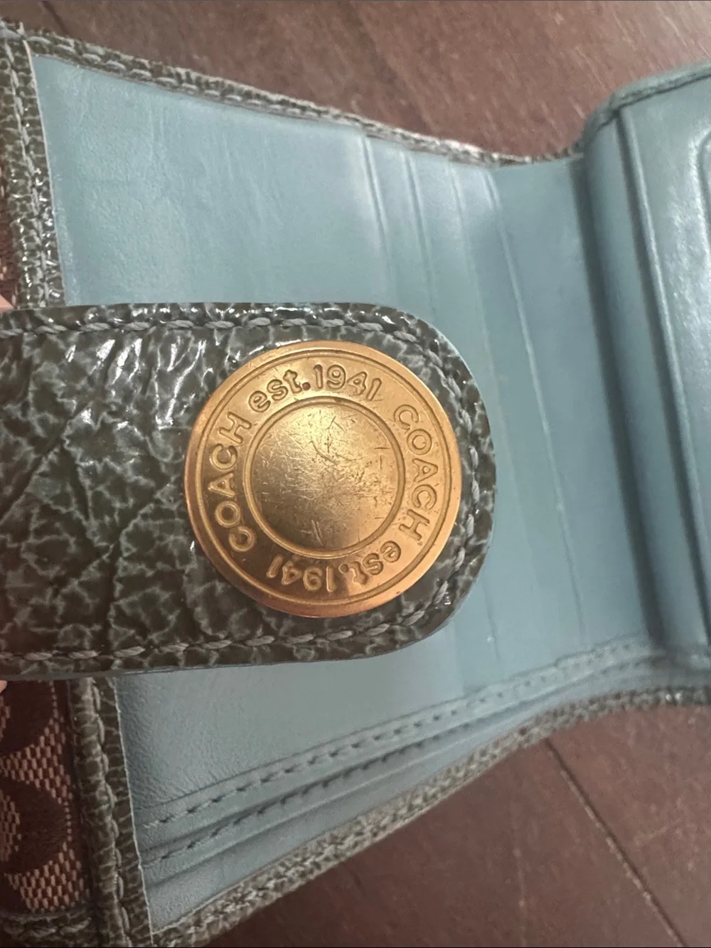 Coach Brown Signature Canvas Trifold Wallet with teal Leather Trim